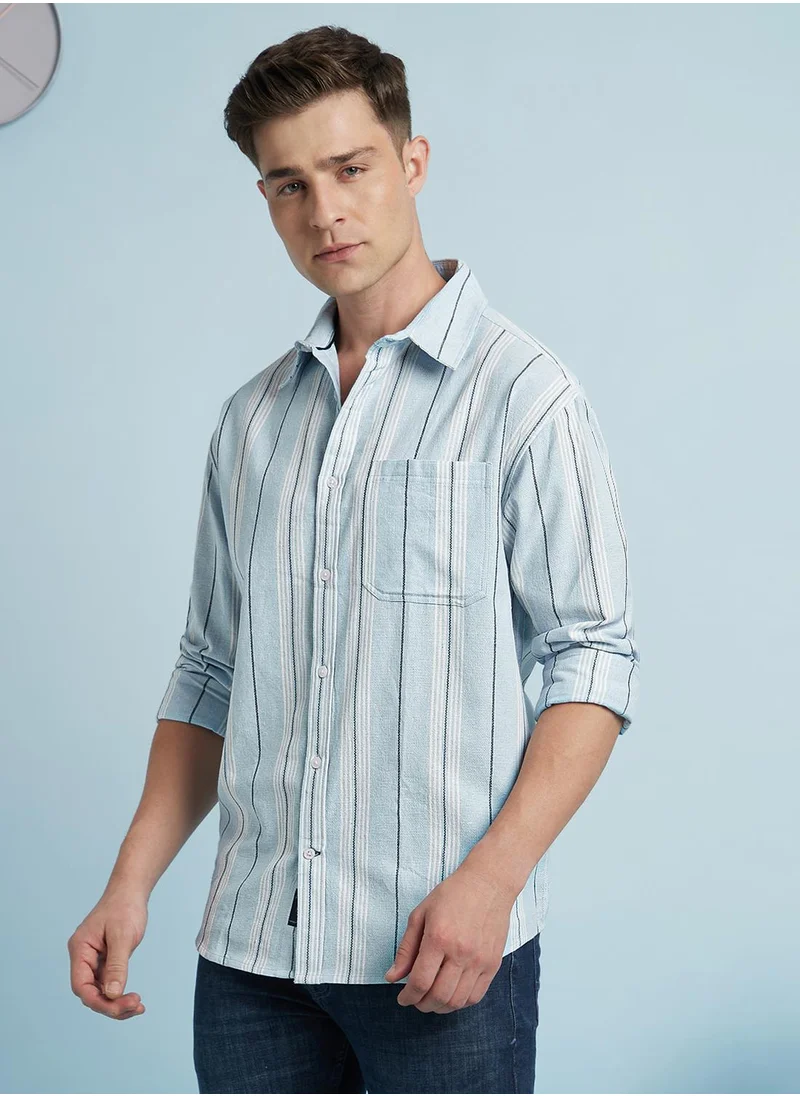 دينيس لينغو Regular Fit Blue Striped Spread Collar Full Sleeve Shirts For Men