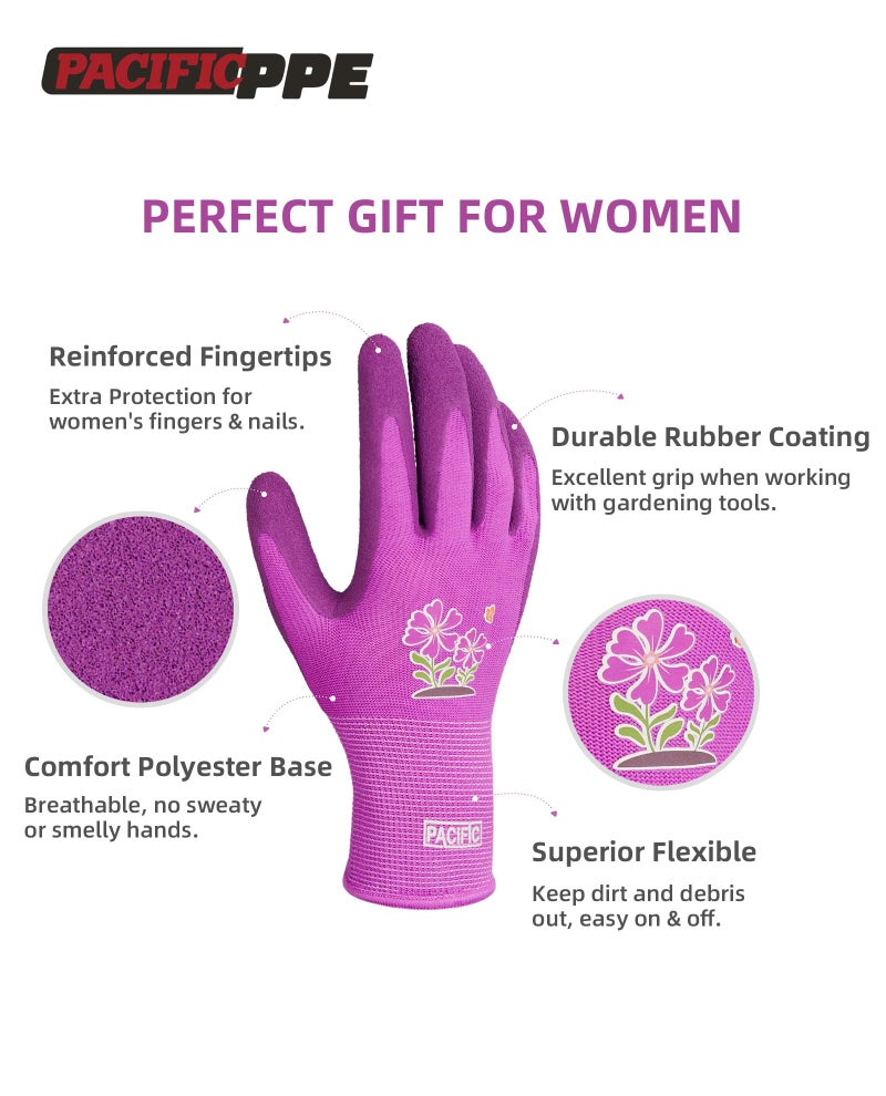 PACIFIC PPE PACIFIC 3 Pairs Gardening Gloves for women, Rubber Coated Garden Gloves, Ladies Yard Work Gloves, Breathable, Purple & Yellow & Red, Medium - Image 3