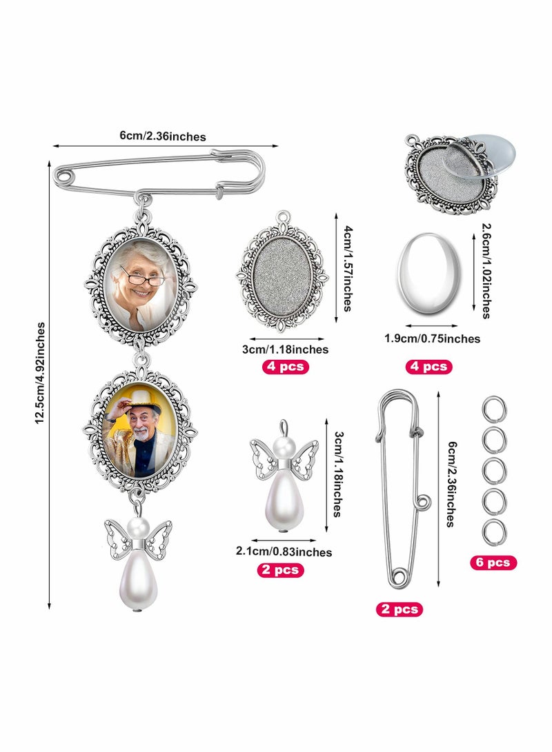 2 Pcs Wedding Bouquet Photo Charm DIY Pin Brooch Making Kit Double Lacy Frame Wedding Charm 18 x 25 mm Oval Glass Cabochons Picture Frame with Pendant for Holiday Craft Use - Image 2
