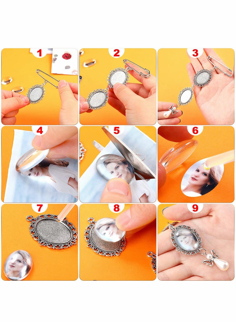 2 Pcs Wedding Bouquet Photo Charm DIY Pin Brooch Making Kit Double Lacy Frame Wedding Charm 18 x 25 mm Oval Glass Cabochons Picture Frame with Pendant for Holiday Craft Use - Image 4
