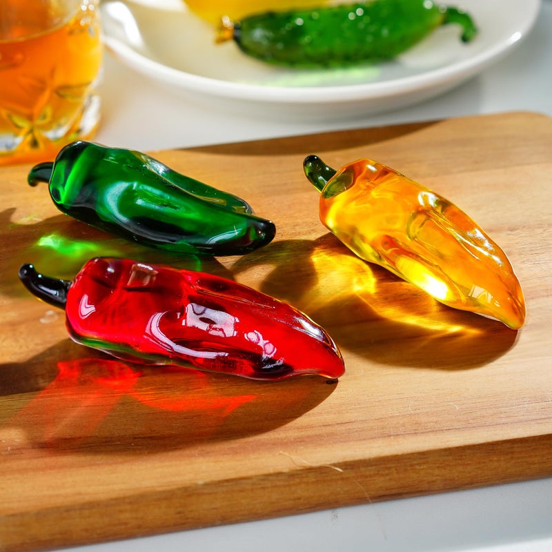 KRISININE Set of 3 Glass Chili Miniature Figurines Fall Decorations for Home Crystal Fruits Vagetables Paperweights for Kitchen Tabletop Glass Christmas Centerpiece Decor(1.2 * 3.8inch) - Image 1