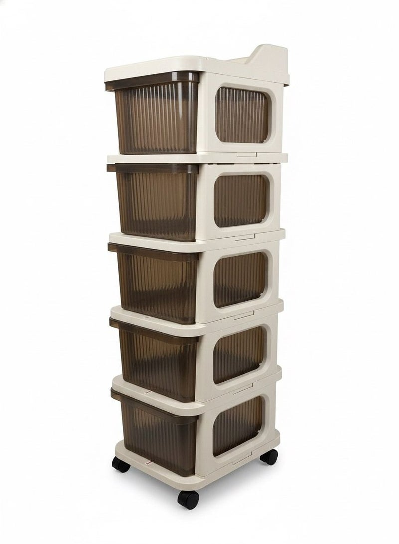 الوطنية عربة تخزين دوارة بخمس طبقات، منظم أدراج بلاستيك أبيض بعجلات، برج رفيع للخزانة والحمام وغرفة الغسيل - Image 1