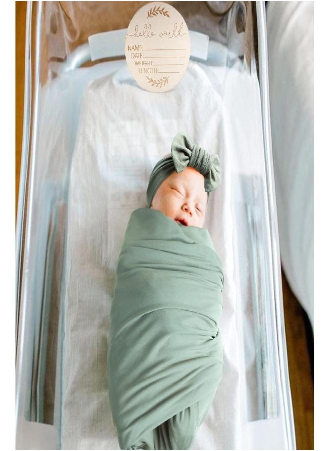 Konssy - Konssy Baby Girl Newborn Receiving Blanket with Matching Headband and Beanie Set Baby Swaddle Nursery Swaddle Wrap(Light Green) - Image 1
