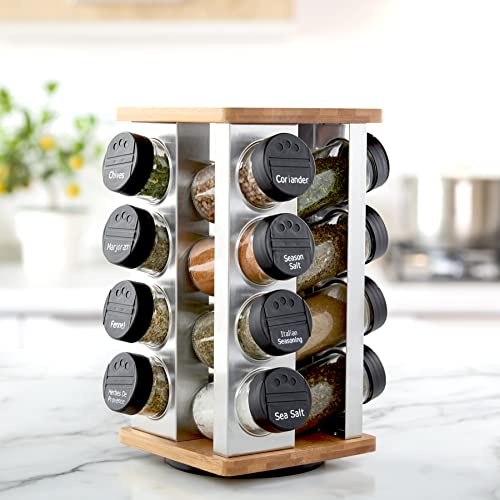 Kamenstein 16 Jar Warner Revolving Countertop Spice Rack Organizer with Lift & Pour Caps and Spices Included, FREE Spice Refills for 5 years, Stainless Steel & Bamboo with Black Caps - Image 3