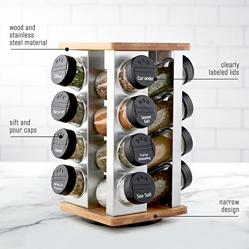 Kamenstein 16 Jar Warner Revolving Countertop Spice Rack Organizer with Lift & Pour Caps and Spices Included, FREE Spice Refills for 5 years, Stainless Steel & Bamboo with Black Caps - Image 4