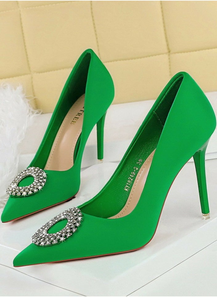 BIGTREE Women's Closed Pointed Toe Stiletto Pump Rhinestone Round Buckle Decoration High Heels Green 10.5CM 