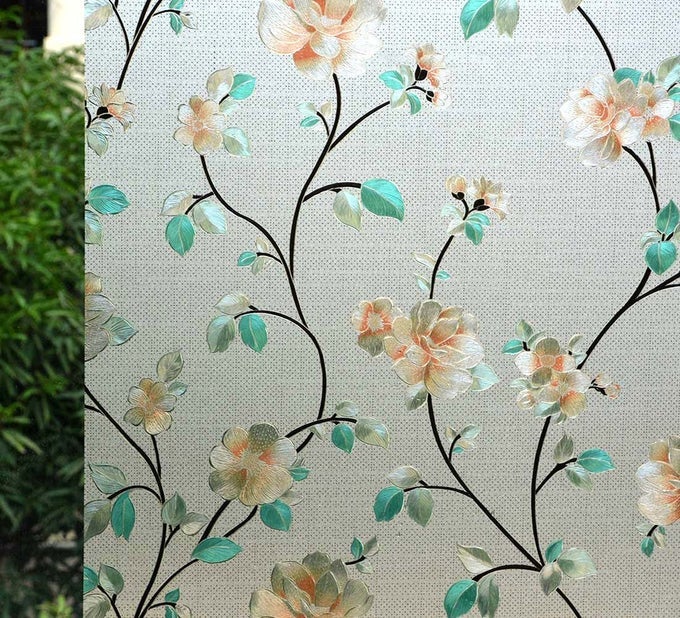 STATIC CLING DECORATIVE WINDOW PRIVACY FILM FROSTED PRIVACY WINDOW FILM WITH JASMINE FLORAL STAINED GLASS DESIGN ADHESIVEFREE TINT FOR HOME BATHROOM OFFICE 118 X 787