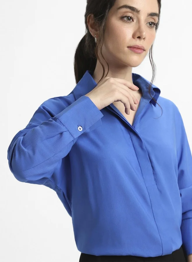 دينيس لينغو Women's Cobalt Blue Viscose Modal Solid Pattern Drop Shoulder Relaxed Shirt
