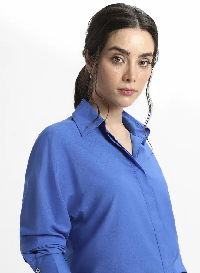 Dennis Lingo Women's Cobalt Blue Viscose Modal Solid Pattern Drop Shoulder Relaxed Shirt