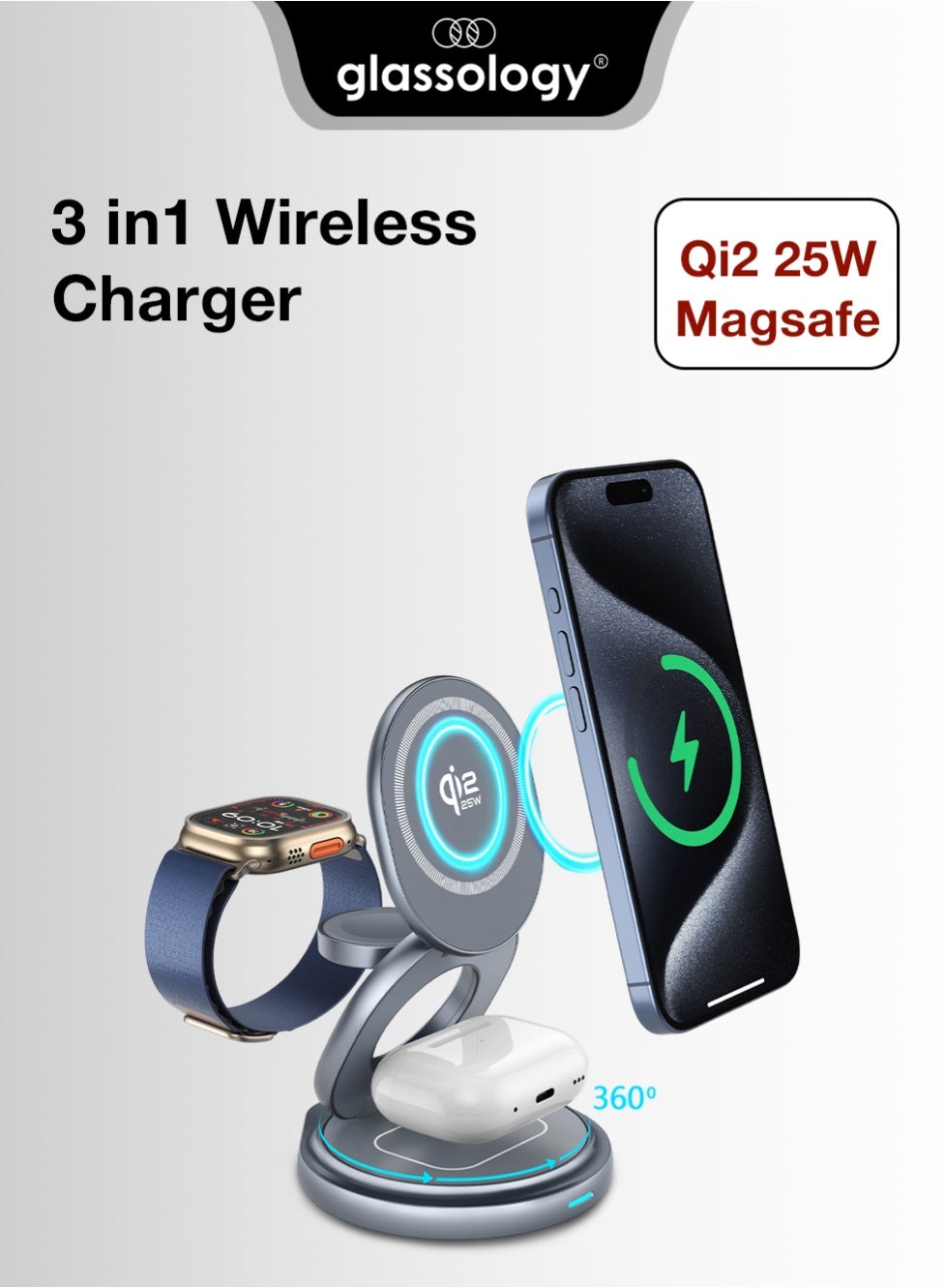 Glassology Qi2 25W 3-in-1 Magnetic Wireless Charging Stand Foldable 360° Rotating Fast Charger for iPhone, Apple Watch & AirPods – MagSafe Compatible, Qi2 Certified, Compact Travel-Friendly Charging Dock with Safety Protection