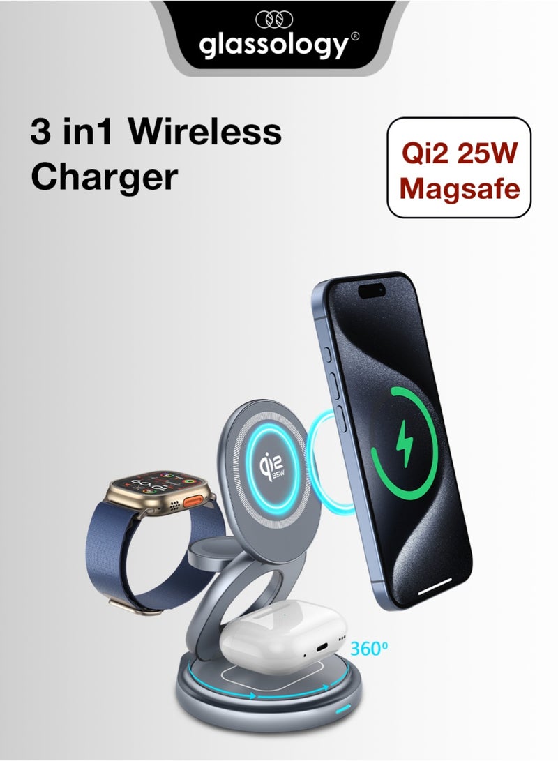 Glassology Qi2 25W 3-in-1 Magnetic Wireless Charging Stand Foldable 360° Rotating Fast Charger for iPhone, Apple Watch & AirPods – MagSafe Compatible, Qi2 Certified, Compact Travel-Friendly Charging Dock with Safety Protection - Image 1