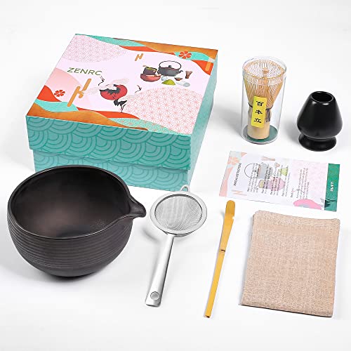 ZENRC Ceremony Matcha Kit - Traditional Bamboo Matcha Whisk (Chasen) Scoop (Chashaku) Chawan Bowl with Pouring Spout Whisk Holder Sifter Tea Tray- The Perfect Matcha Set (Charming Black, Set of 6) - Image 1