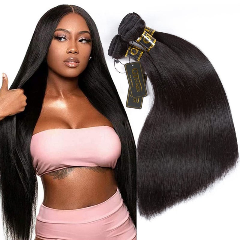 QTHAIR 14A Brazilian Straight Human Hair 3 Bundles 12 14 16inch300g Brazilian Virgin Hair Straight Human Hair Extensions Unprocessed Brazilian Straight Hair Weave for All Women