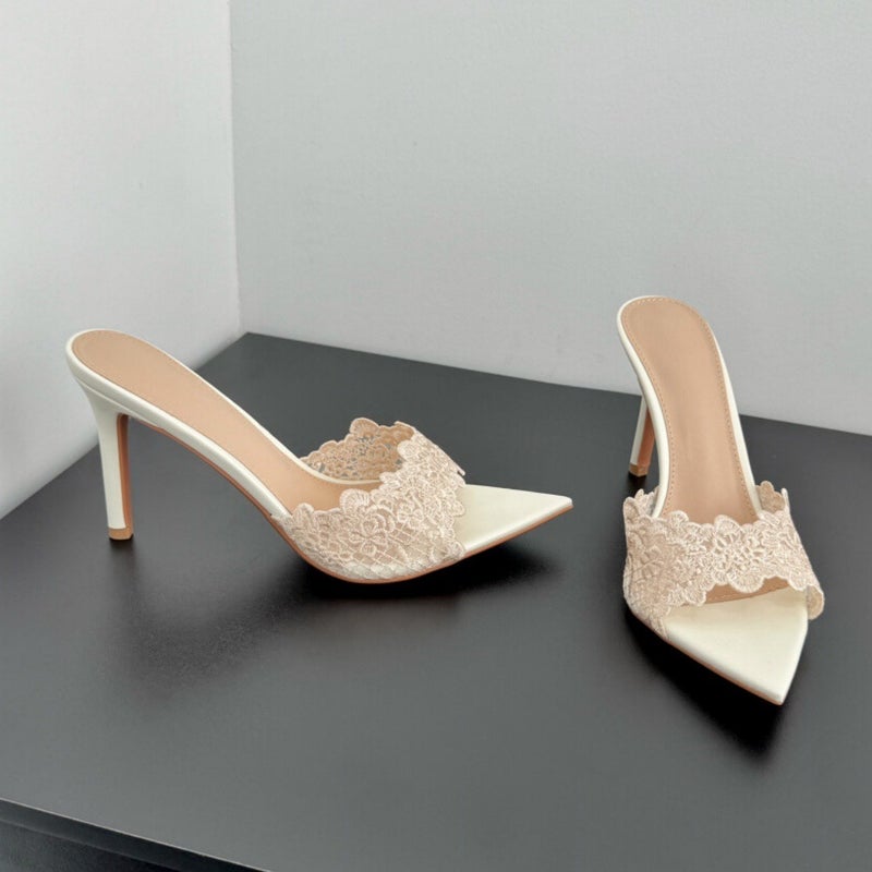 2026 Summer European-American Pointed-Toe Embroidered Stiletto Lace High-Heel Slippers, Champagne Color, Fashionable Outdoor Sandals