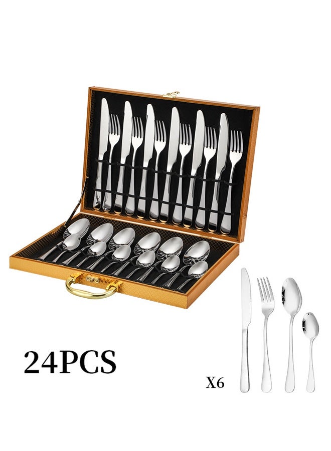 24-Piece Set  Stainless Steel Cutlery Creative Titanium-Plated Western Food Steak Knife Fork And Spoon Wooden Box Set Gift Box (Silver) - Image 1
