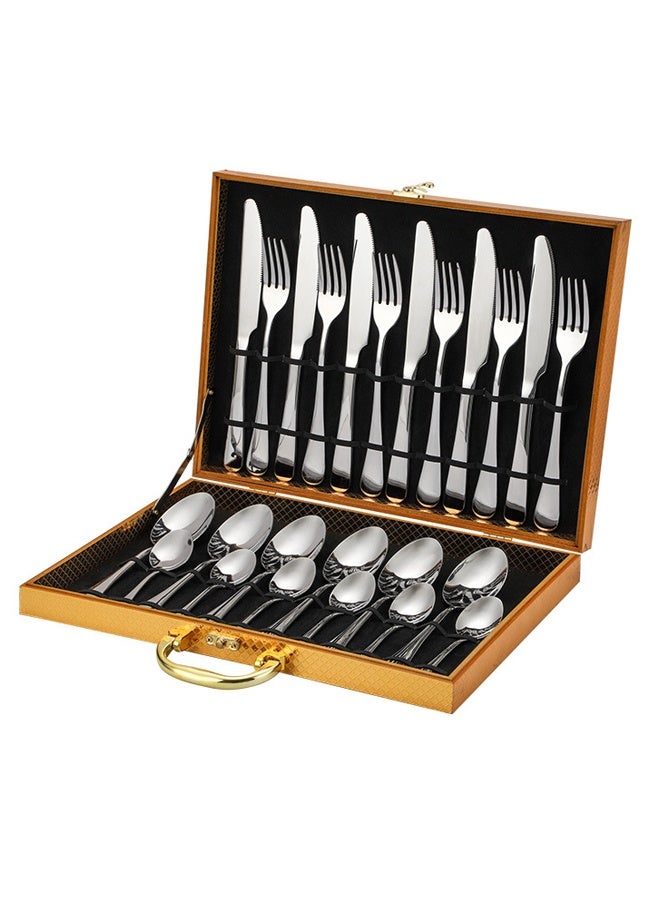 24-Piece Set  Stainless Steel Cutlery Creative Titanium-Plated Western Food Steak Knife Fork And Spoon Wooden Box Set Gift Box (Silver) - Image 4