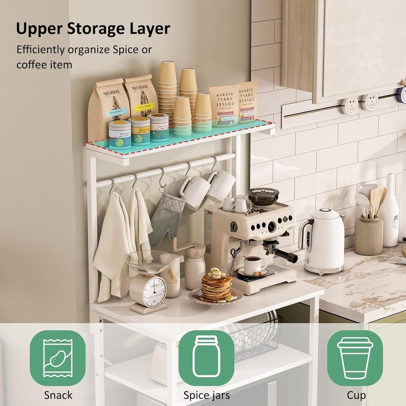 JANTENS 4 Tier Coffee Bar Station,Corner Bar Cabinet for Small Spaces,Coffee Stand Station with 5 S-Shaped Hooks,Kitchen Storage Stand with storage layer, Bakers Rack for Kitchen, Entryway (White) - Image 3