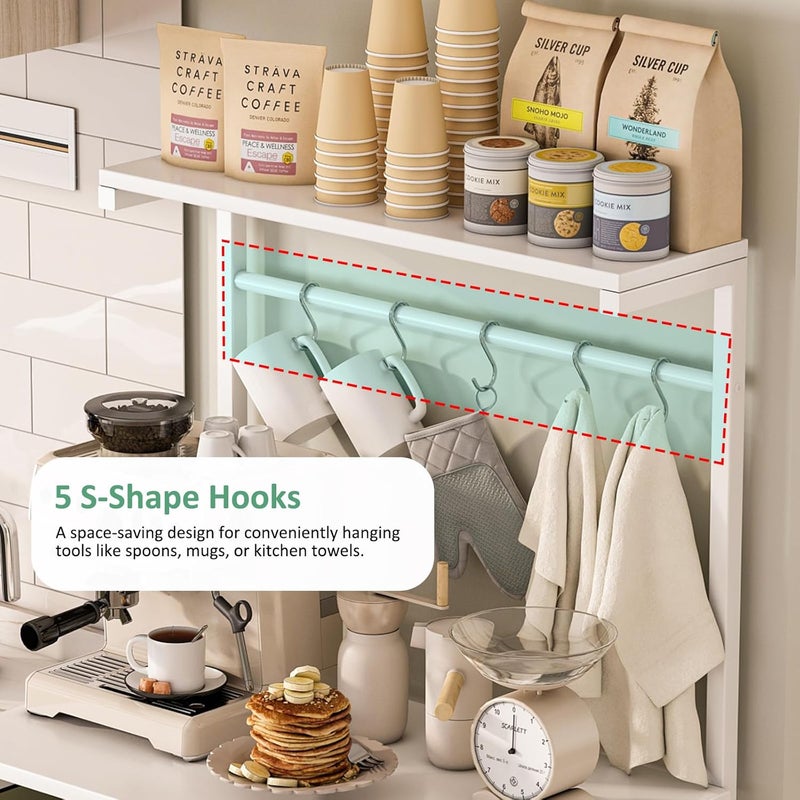 JANTENS 4 Tier Coffee Bar Station,Corner Bar Cabinet for Small Spaces,Coffee Stand Station with 5 S-Shaped Hooks,Kitchen Storage Stand with storage layer, Bakers Rack for Kitchen, Entryway (White) - Image 4