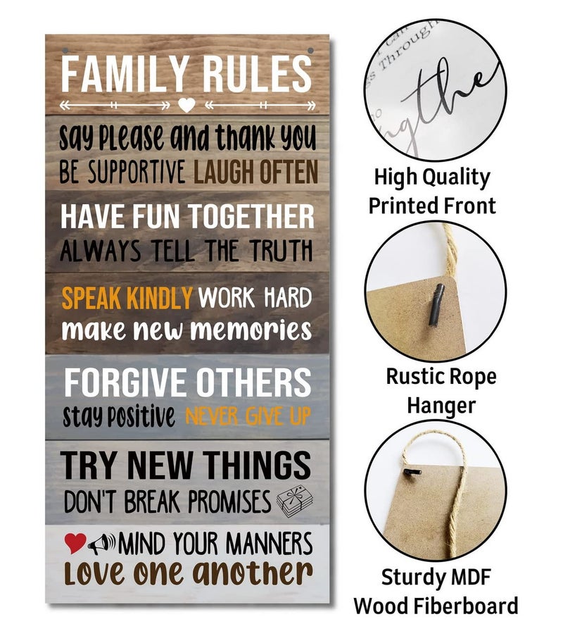 Gkwa Warm Family Rules Home Sign, Inspirational Family Saying Wood Sign, Rustic Hanging Plaque Art Decor, Home Sign decoration, Farmhouse Wall Decor, Housewarming Gift - Image 3