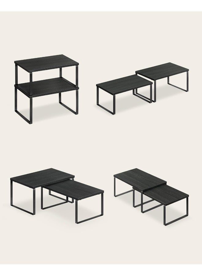 SONGMICS رف التوابل من سونغميكس، مجموعة من 2 منظم رفوف الخزائن، منظم رف المطبخ القابل للتوسيع، حامل توابل قابل للتكديس، معدني وخشب مصنّع، أسود حبر وأسود إيبوني - Image 2