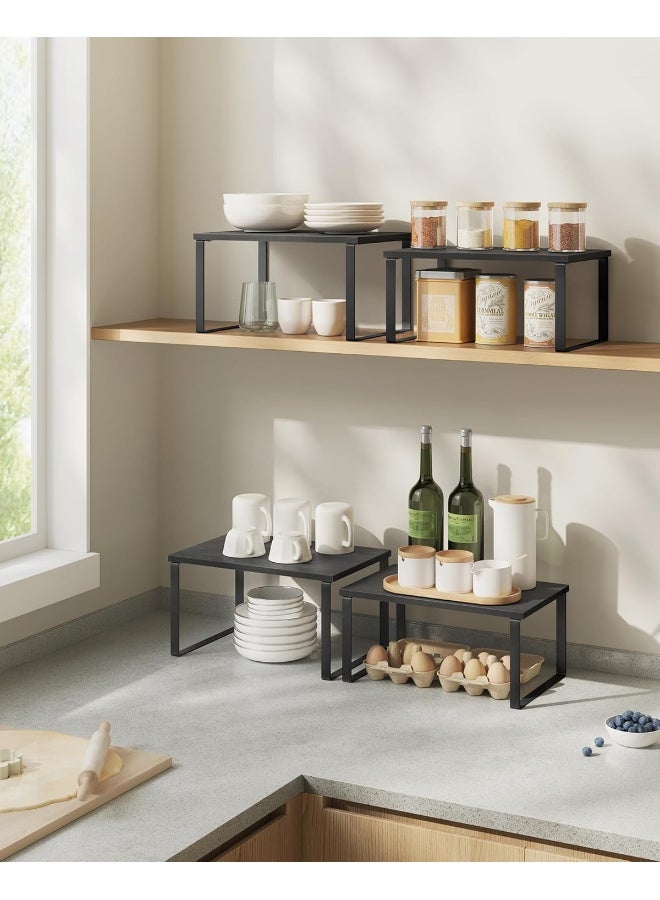 SONGMICS رف التوابل من سونغميكس، مجموعة من 2 منظم رفوف الخزائن، منظم رف المطبخ القابل للتوسيع، حامل توابل قابل للتكديس، معدني وخشب مصنّع، أسود حبر وأسود إيبوني - Image 4