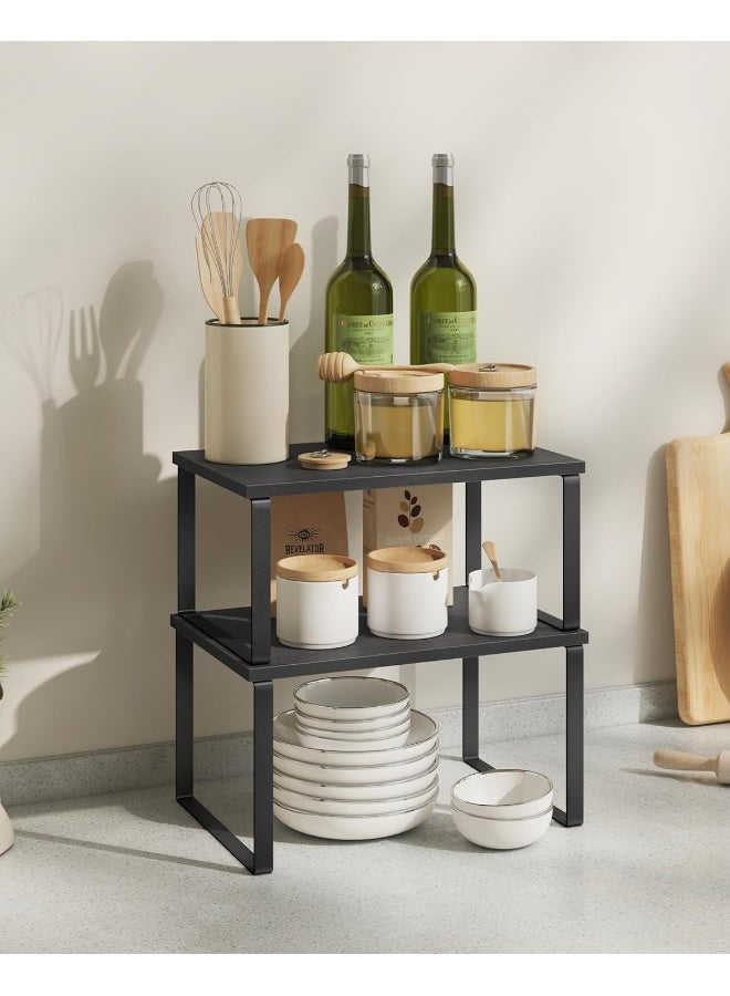 SONGMICS رف التوابل من سونغميكس، مجموعة من 2 منظم رفوف الخزائن، منظم رف المطبخ القابل للتوسيع، حامل توابل قابل للتكديس، معدني وخشب مصنّع، أسود حبر وأسود إيبوني - Image 5