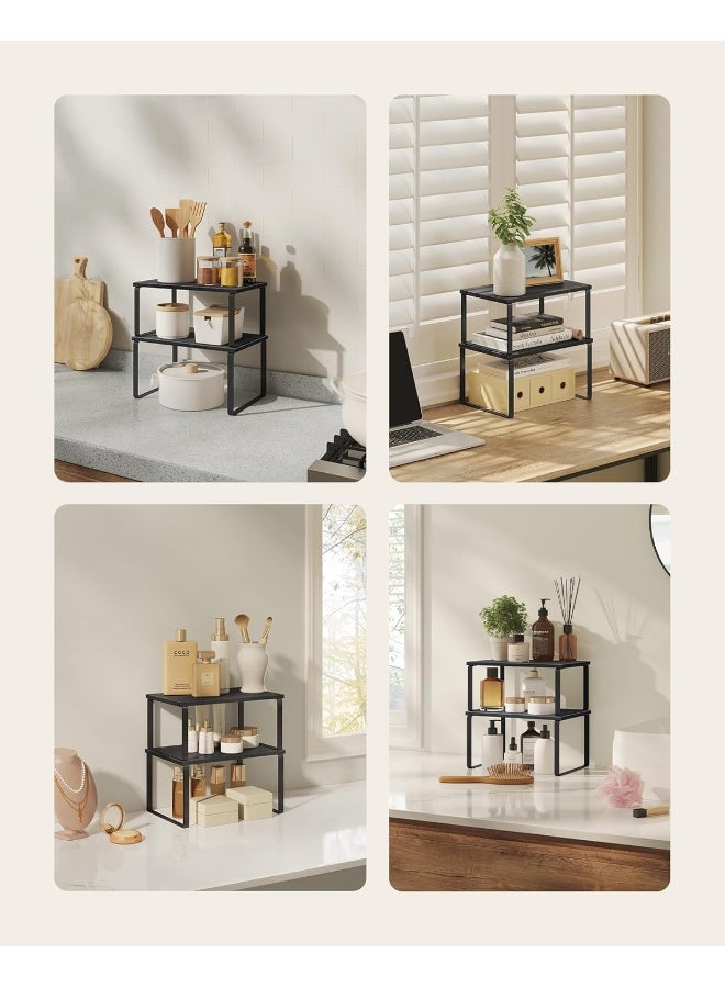 SONGMICS رف التوابل من سونغميكس، مجموعة من 2 منظم رفوف الخزائن، منظم رف المطبخ القابل للتوسيع، حامل توابل قابل للتكديس، معدني وخشب مصنّع، أسود حبر وأسود إيبوني - Image 3