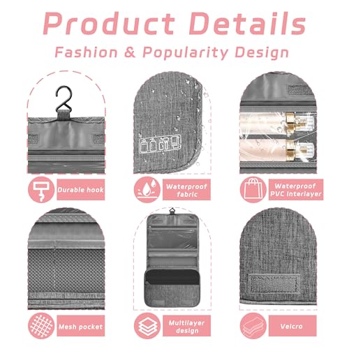 YEMEDA Toiletry Bag Travel Bag with Hanging Hook, Waterproof Shower Bathroom Hanging Toiletry Bag for Men Women,Small Multifunctional Makeup Cosmetic Bag,Portable Toiletries Bag Travel Organizer (Grey) - Image 3