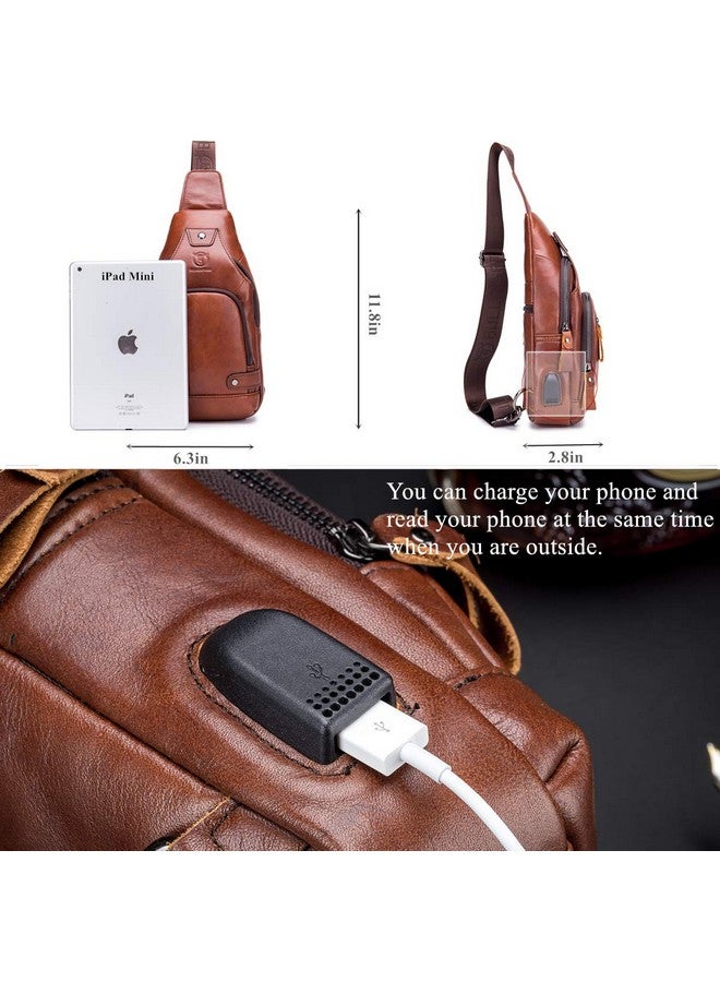 BULLCAPTAIN BULLCAPTAIN Genuine Leather Sling Bag with USB Charging Port Multi-pocket Chest Bag for Men Hiking Travel Daypack XB-129(Brown)  - Image 3
