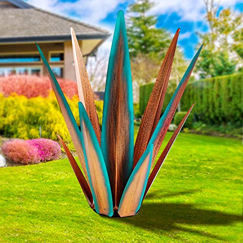 KODIBO Large Tequila Rustic Sculpture, Agave Plants for Outdoor Patio, Home Decor Hand Painted Metal Garden Statue, Lawn Ornaments Yard Stakes (Blue - L) - Image 1