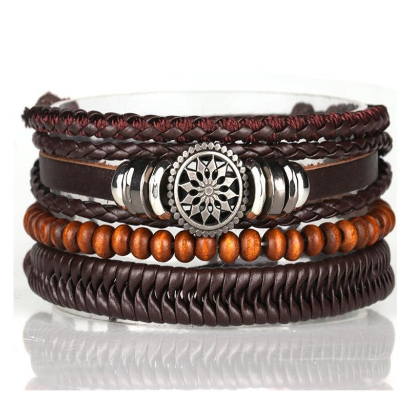 Braided Leather Bracelet Set 4 Styles Brown Handmade Unisex Accessory - Adjustable Soft Leather Wristband for Daily Wear - Image 1