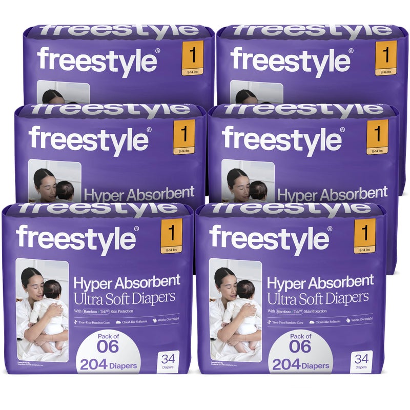 Freestyle BambooTek Diapers - (Size 1) Hyper Absorbent & Non-Toxic â€“ Disposable Diapers for Sensitive Skin â€“ Ultra Soft Diapers (8-14 lbs) â€“ 204 Count - Image 1