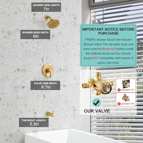 FROPO Brushed Gold Shower Tub Faucet Set With Valve - Gold Shower Head and Handle Set, Shower Faucet Set With 6 Inch Rain shower Head and Tub Spout, High-Pressure Tub Shower Trim Kit - Image 2