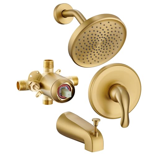FROPO Brushed Gold Shower Tub Faucet Set With Valve - Gold Shower Head and Handle Set, Shower Faucet Set With 6 Inch Rain shower Head and Tub Spout, High-Pressure Tub Shower Trim Kit - Image 1