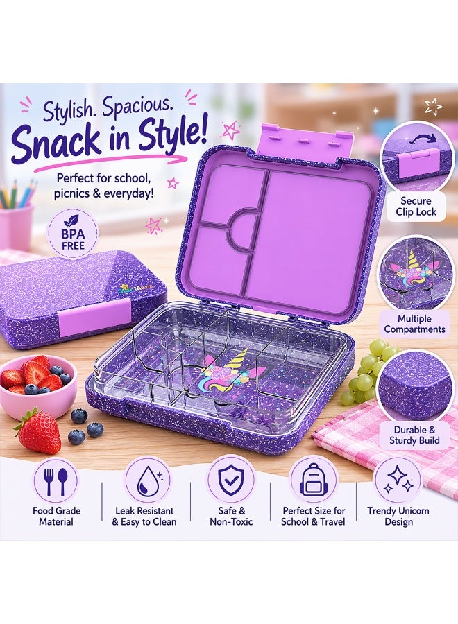 Starmarz Bento Glitter Lunch Box (Little Princess) – 4-6 Compartments, 3 Sandwich Cutters, 2 Fruit Pickers, 1195ml Capacity, Detachable Tray – Purple - Image 5