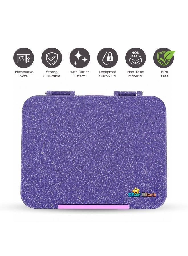 Starmarz Bento Glitter Lunch Box (Little Princess) – 4-6 Compartments, 3 Sandwich Cutters, 2 Fruit Pickers, 1195ml Capacity, Detachable Tray – Purple - Image 2