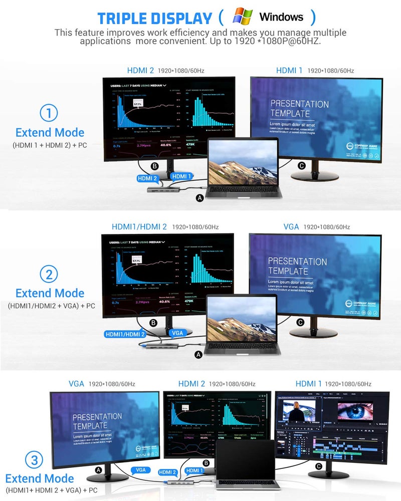 TOTU 13-in-1 USB-C Hub with Ethernet, 4K HDMI, VGA, PD, SD/TF Cards Reader, Mic/Audio Docking Station for MacBook Pro Air XPS and Other USB-C Laptops - Image 3