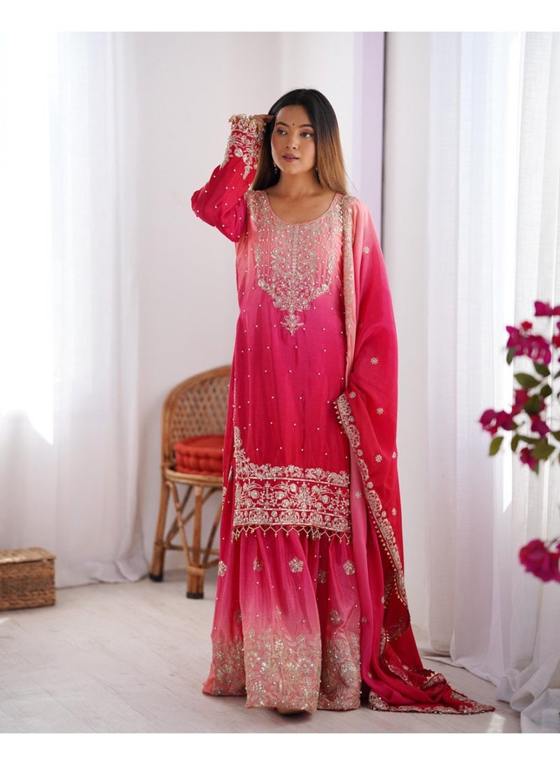 Super Asian Majestic Muse: Chinnon Silk Palazzo Set with Dual-Side Coding Dori & Rivet Moti Embroidery  - Image 1