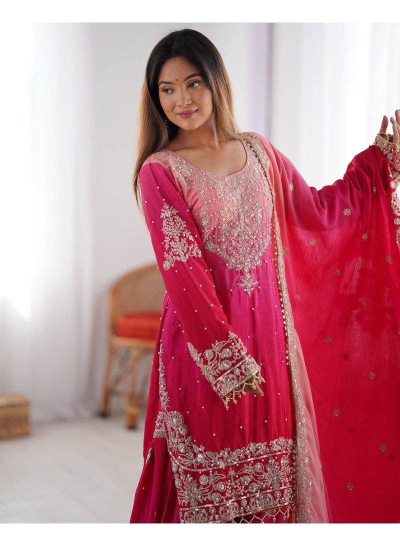 Super Asian Majestic Muse: Chinnon Silk Palazzo Set with Dual-Side Coding Dori & Rivet Moti Embroidery  - Image 4