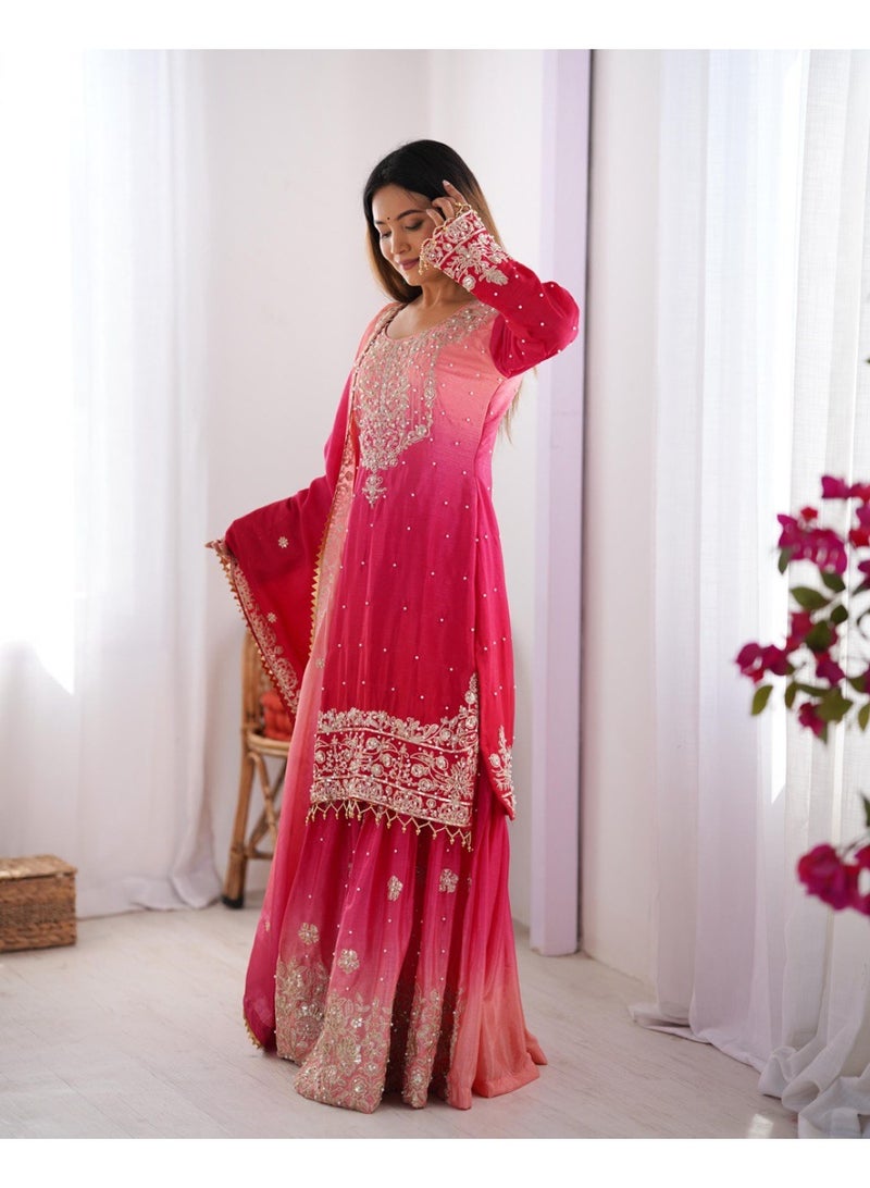 Super Asian Majestic Muse: Chinnon Silk Palazzo Set with Dual-Side Coding Dori & Rivet Moti Embroidery  - Image 2