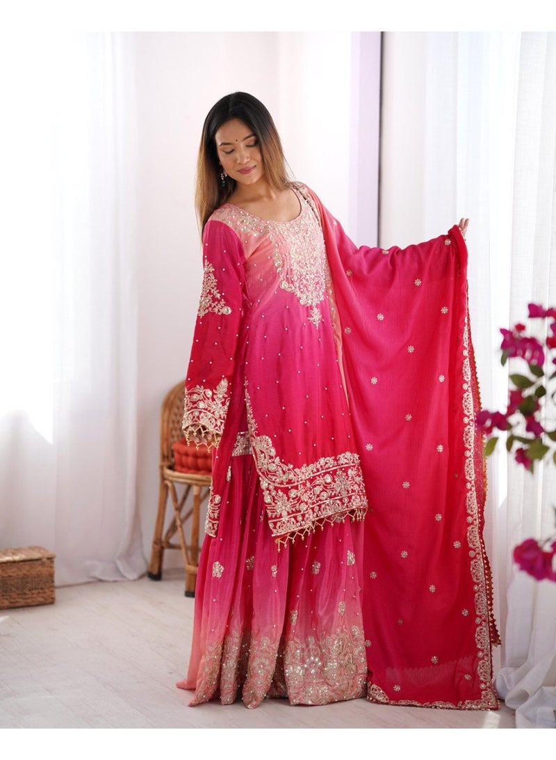 Super Asian Majestic Muse: Chinnon Silk Palazzo Set with Dual-Side Coding Dori & Rivet Moti Embroidery  - Image 3