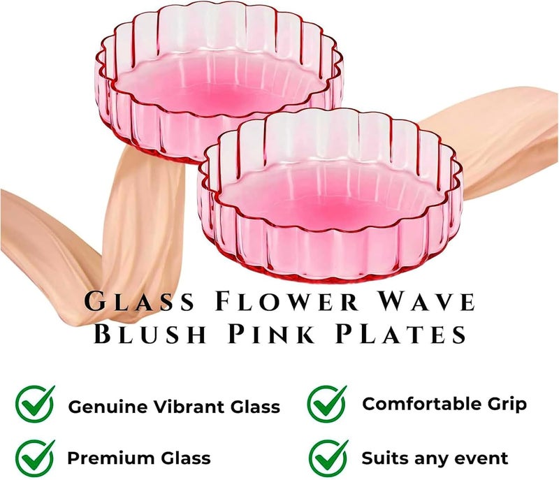 Khen Glass Flower Wave Colored Plates  Set of 2  Blush Pink Green 59 Dinner or Dessert Plate Appetizer Snack Fruit Wavy Serveware  Vintage Art Deco Hand Wash Housewarming Gift - Image 2