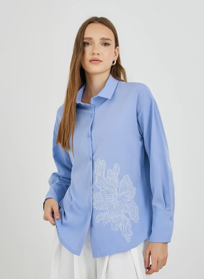 Take Two Take Two Floral Embroidered Long Sleeve Oversized Shirt