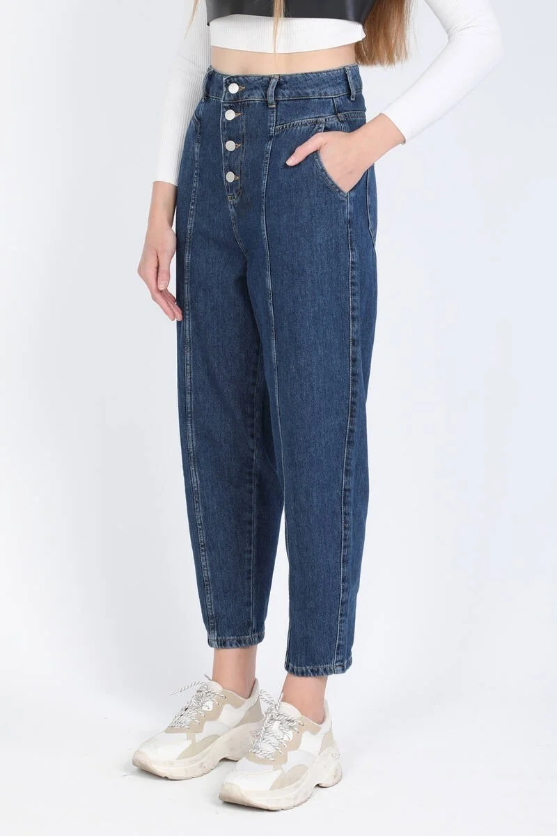Banny Jeans Women High Waist Buttoned Jeans Dark Blue