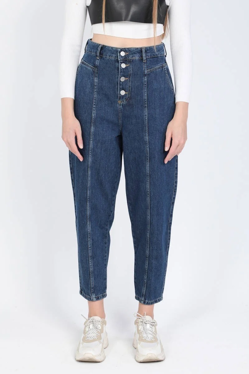 Banny Jeans Women High Waist Buttoned Jeans Dark Blue