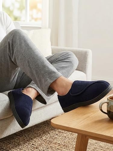 LongBay Men's Memory Foam Diabetic Slippers Comfy Warm Plush Fleece Arthritis Edema Swollen House Shoes (9, Navy Blue) - Image 2