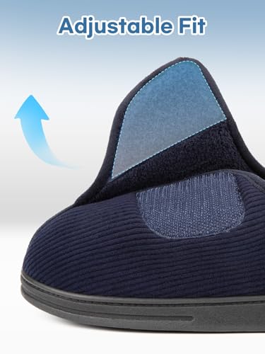 LongBay Men's Memory Foam Diabetic Slippers Comfy Warm Plush Fleece Arthritis Edema Swollen House Shoes (9, Navy Blue) - Image 4