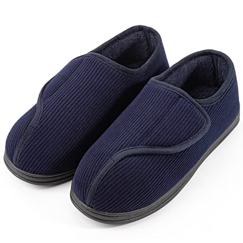 LongBay Men's Memory Foam Diabetic Slippers Comfy Warm Plush Fleece Arthritis Edema Swollen House Shoes (9, Navy Blue) - Image 1