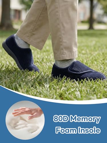 LongBay Men's Memory Foam Diabetic Slippers Comfy Warm Plush Fleece Arthritis Edema Swollen House Shoes (9, Navy Blue) - Image 5