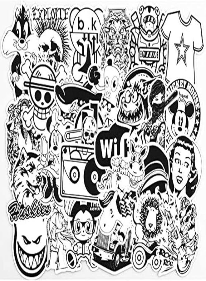 50 Pieces Set Waterproof Sticker,Black White Mixed Cartoon Stickers for Laptop,Car,Phone,Luggage Bike Stylin